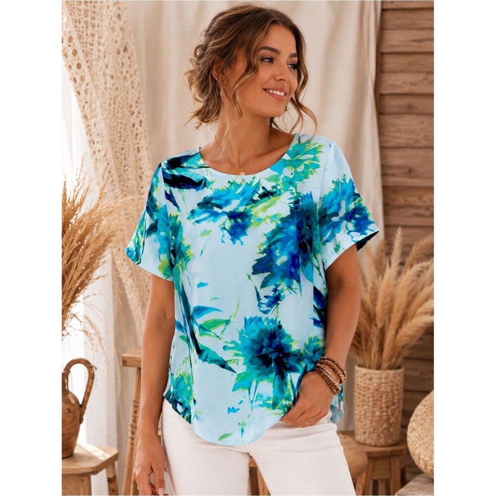 Apt.9 Women’s Watercolor Floral Print Short Sleeve Blouse Size Small